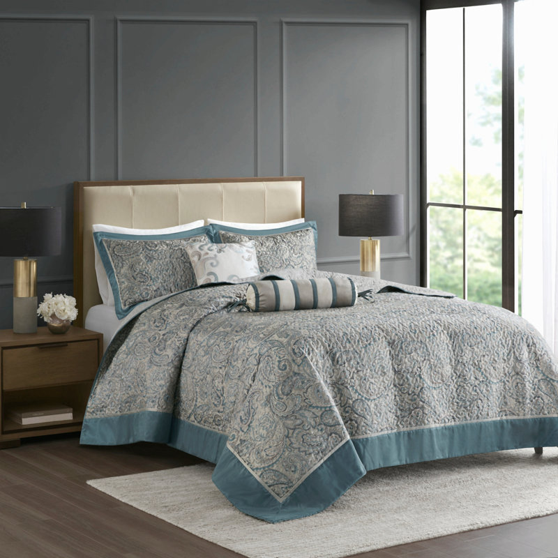Ensemble de couvre-lit matelassé en coton jacquard bleu sarcelle, taille Queen, Couvre-lit grand + 4 pièces supplémentaires
