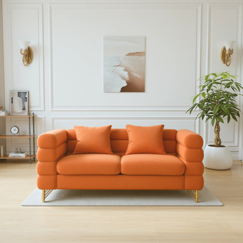 60''Modern Teddy Oversized 2 Seater Sectional Sofa, Orange 100% Cotton, 28" H x 60" W x 32" D