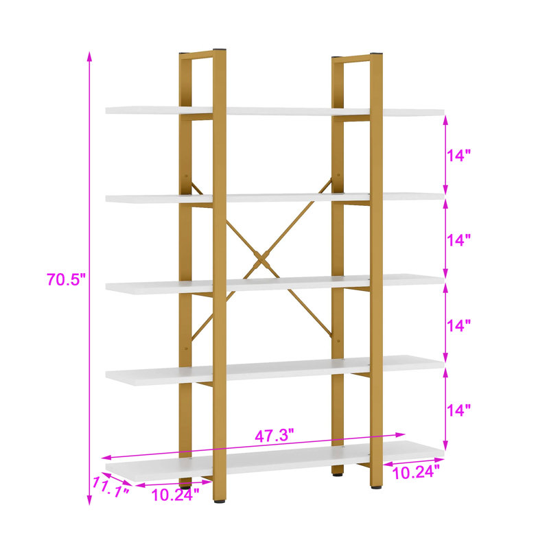  70.5"H X 47.3"W Bookcase, 5-Tier Open Etagere Bookshelf Storage Display Rack, Gold/White