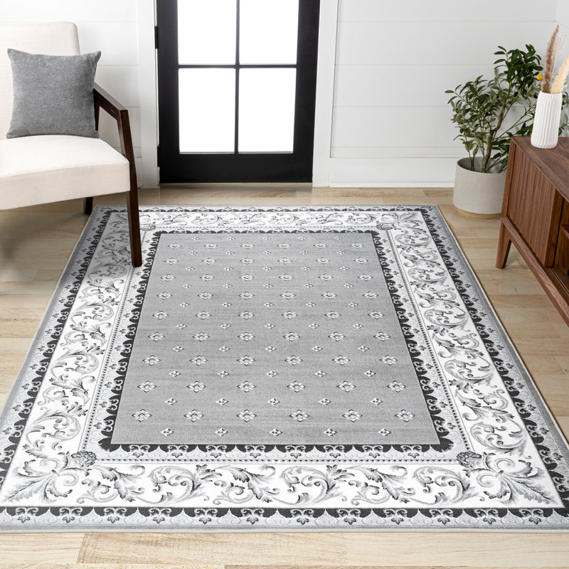 Devyn French Border Gray/Cream Rug, Rectangle 4' x 6'