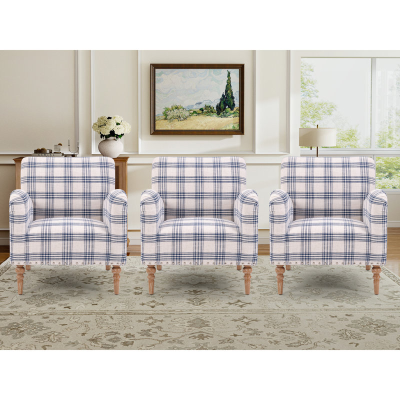 Fauteuil rembourré de 29 po de largeur à carreaux traditionnels avec pieds en bois massif, Bleu/blanc