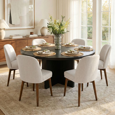 7-Piece Dining Set for 6 with 60" Round Dining Table and 6 Upholstered Dining Chairs
