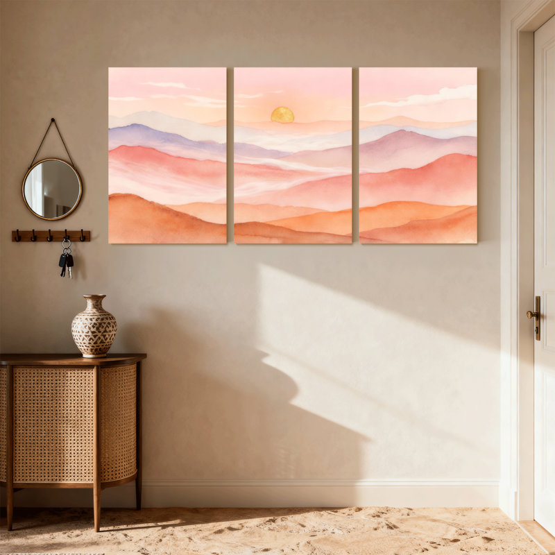 Abstrait pastel coucher de soleil montagne, ensemble de 3 reproductions d'art sur toile, H 24 po x l 48 po