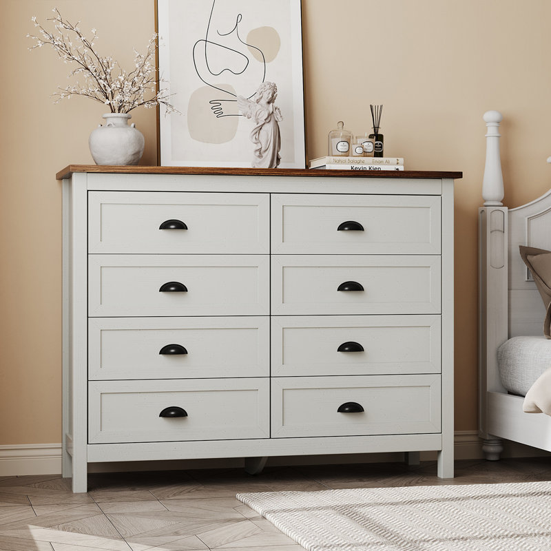 Commode pour chambre Frigo, commode moderne à 8 tiroirs, commode large avec poignées en métal, Brun / Blanc