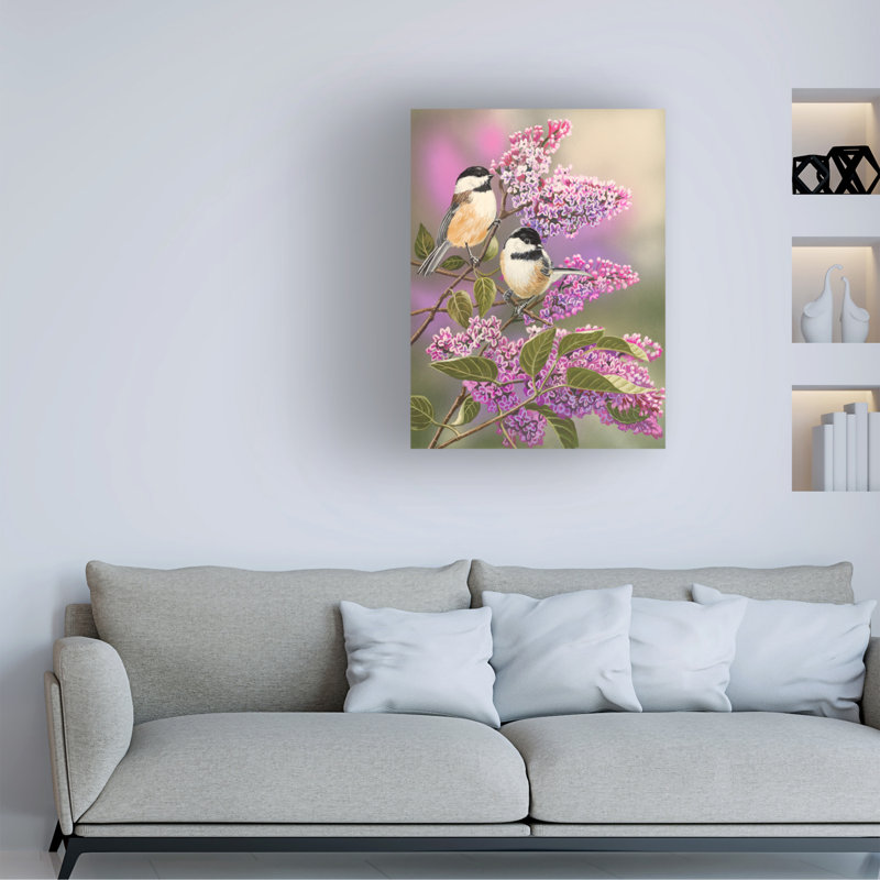 Lilas et mésanges par William Vanderdasson - peinture sur toile tendue, H 19 po x l 14 po