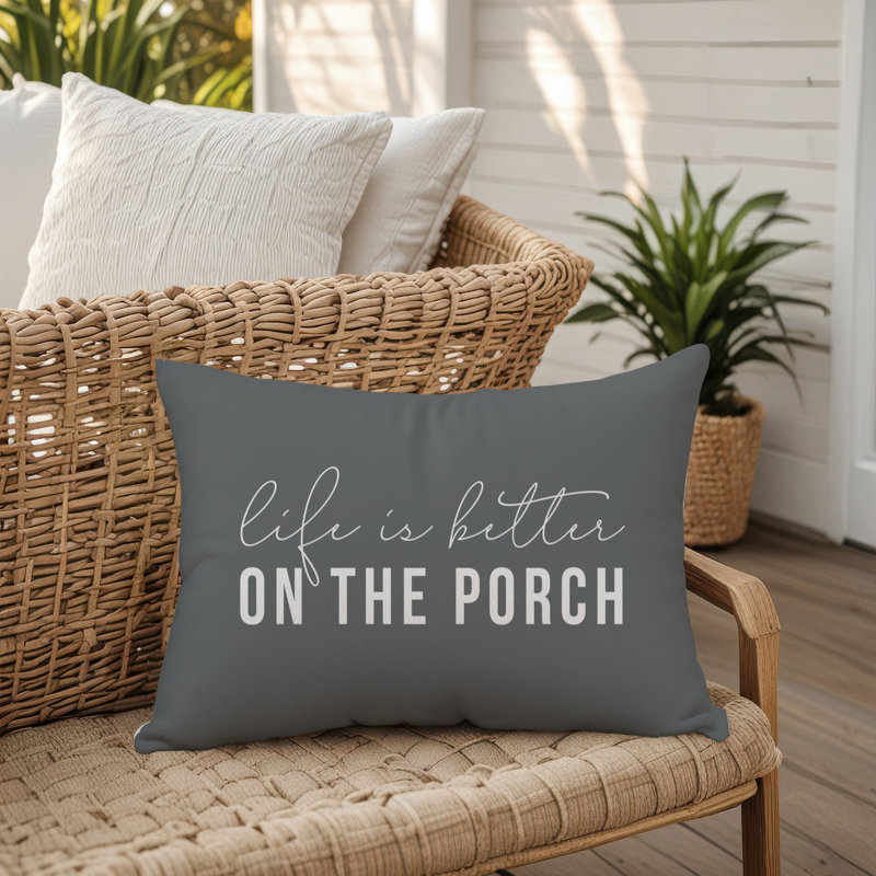  Life is Better on the Porch Indoor/Outdoor Lumbar Pillow, Dark Gray/White