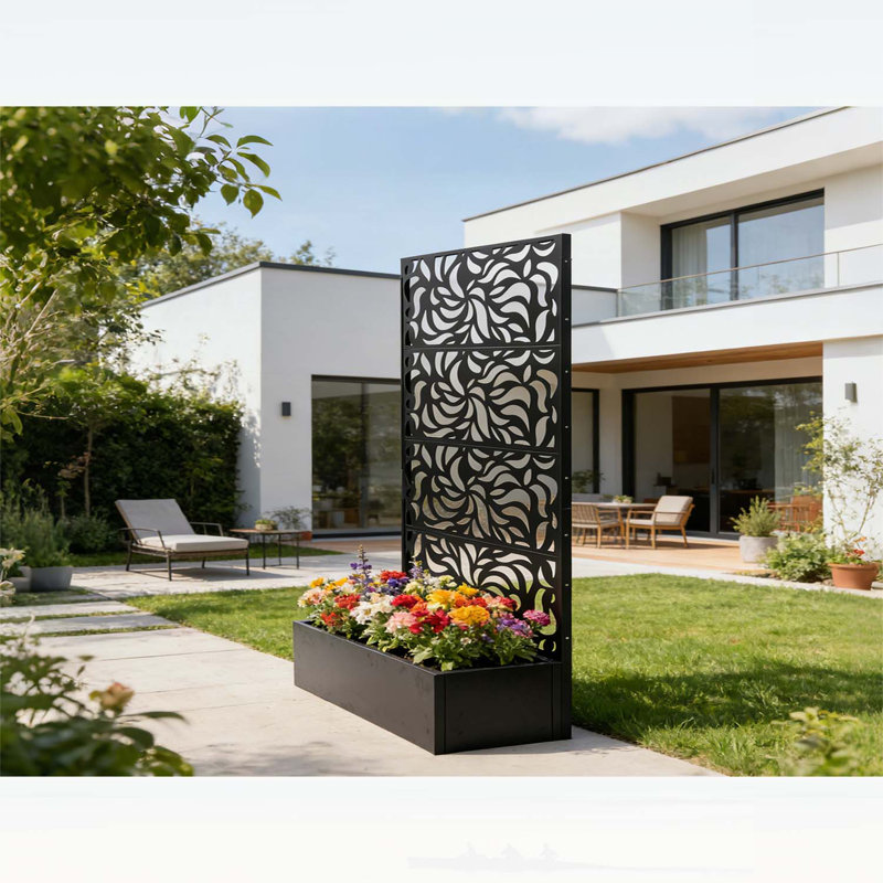 Écran d'intimité à motif de feuilles avec boîte à fleurs, clôture décorative autoportante en métal pour patio et balcon