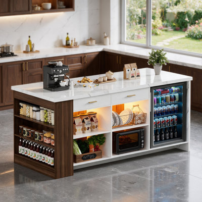70.9" Kitchen Island with Storage and Seating, Large Island Table with Fridge Space, Power Outlet & RGB Lights, Stationary Kitchen Island with Drawers for Dining Room or Home Bar, Imitation Marble Dining Table
