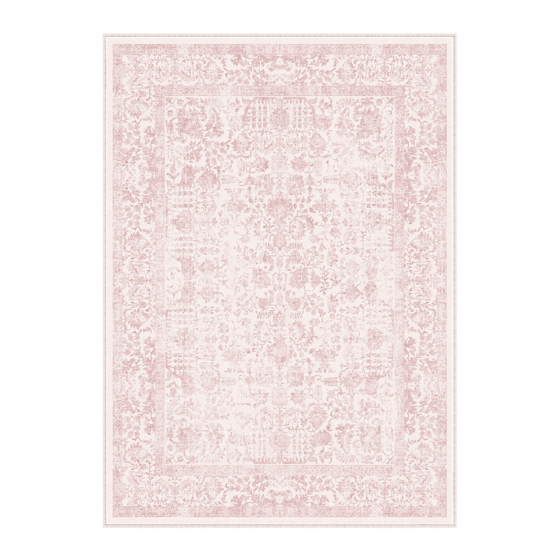 Tapis vintage lavable à la machine avec envers antidérapant Kitty, Rectangulaire 8 pi x 10 pi, Pink, 0.28"
