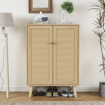 6-tiers Rattan Shoe Cabinet,  Shoe Storage Cabinet For Entryway Hallway, 2 Door Accent Cabinet With Adjustable Shelves