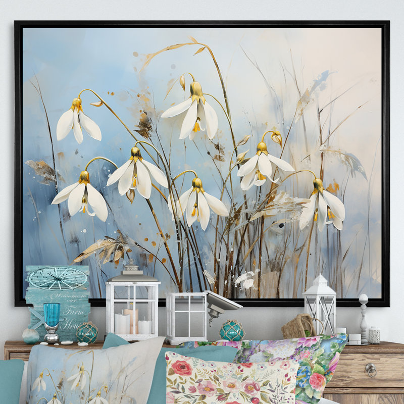 «Blue and Gold Snowdrop Flower Simplicity» sur impression sur toile, H 34 po x l 44 po x P 1,5 po, Cadre flottant noir