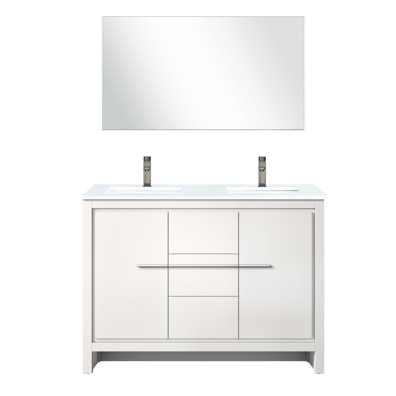 48" X 20.27" White Bath Vanity With Quartz Countertop, Metal Faucet And 43 In. Mirror - Scratch Stain Protected Surface 20" Top, Included Stain-