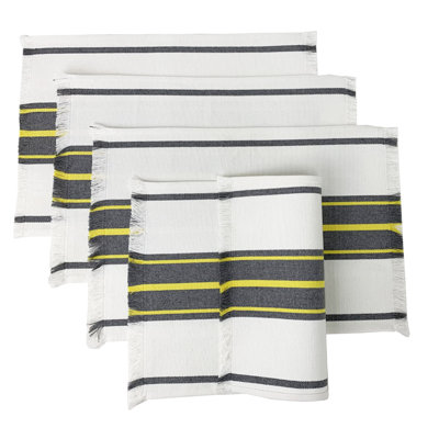 Ensemble de 4 napperons rayés en toile de coton à franges blanches