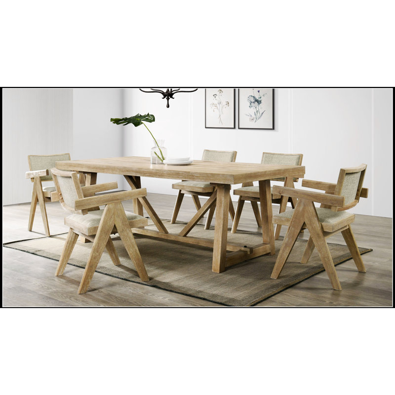 Table de salle à manger contemporaine à finition tréteaux en chêne, parfaite pour les salles à manger modernes et compactes, au design robuste et élégant.