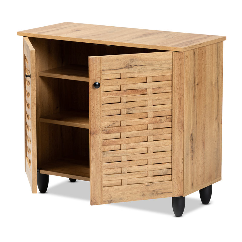 Jovia 2-Door Wooden Shoe Cabinet in Oak Brown Finish, 25.98'' H X 29.57'' W X 12.6'' D