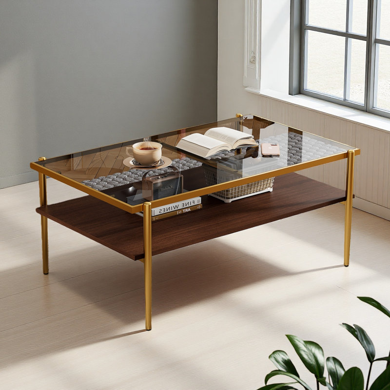 Table basse rectangulaire avec plateau et pieds en verre trempé, table moderne pour le salon, Doré