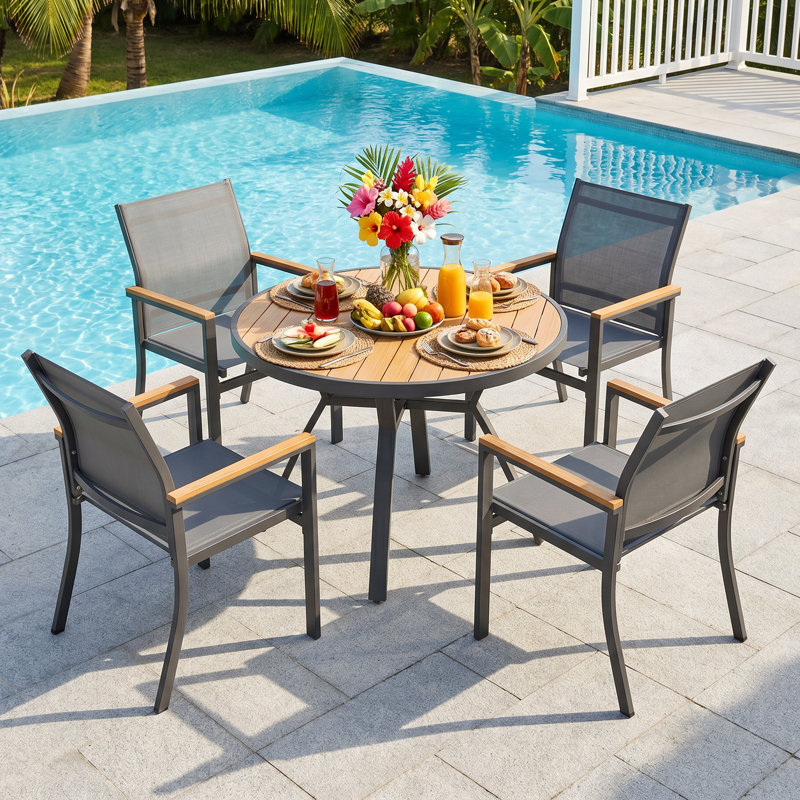 Abshire All Aluminum 5-Piece Outdoor Dining Set, 4-Person Outdoor Table and Chairs with Round HDPS Top, All-Weather Patio Dining Set for Backyard, Deck, Garden