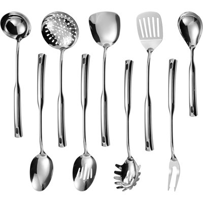 Ensemble d'ustensiles de cuisine 9 pièces en acier inoxydable avec poignées allongées et trous de suspension