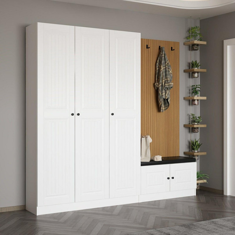 Support de couloir traditionnel, blanc, 88,6 x 82,7 x 13,8 pouces | 100% panneau de particules enduit de mélamine, épaisseur: 0,7 pouce | Solution de rangement élégante et fonctionnelle, parfaite pour ranger les manteaux et les chaussures
