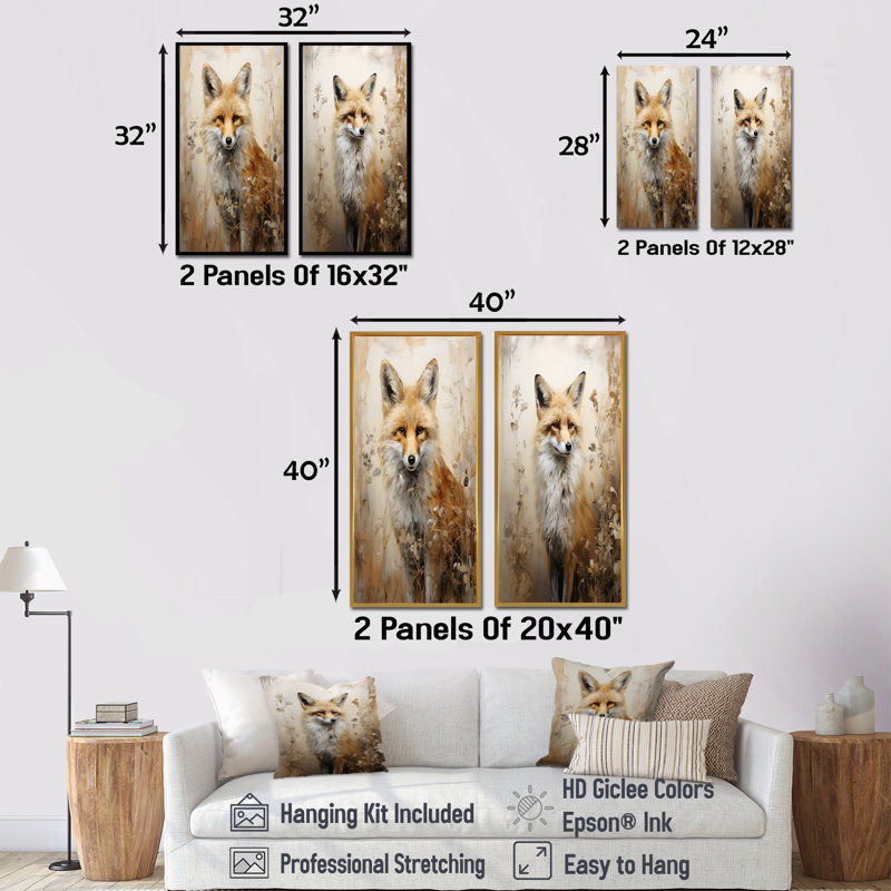 Minimalisme renard dans la forêt - ensemble de 2 décorations murales Fox, H 32 po x l 33 po, Encadrement doré