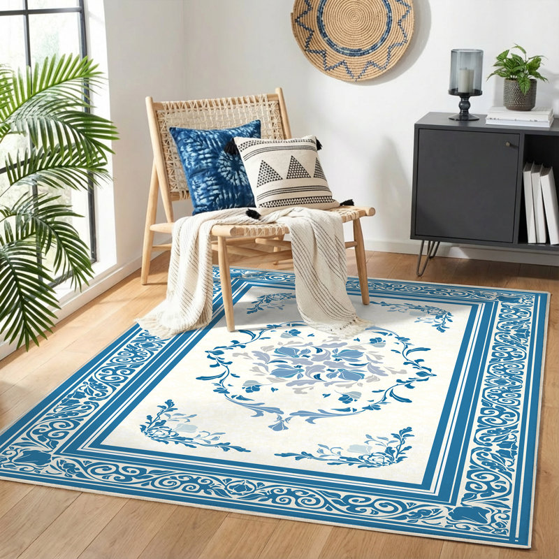 5' X 8' TPE Non-slip Bottom, Imitation Cashmere Floral Pattern Area Rug,Blue, Rectangle 5' x 8', Blue