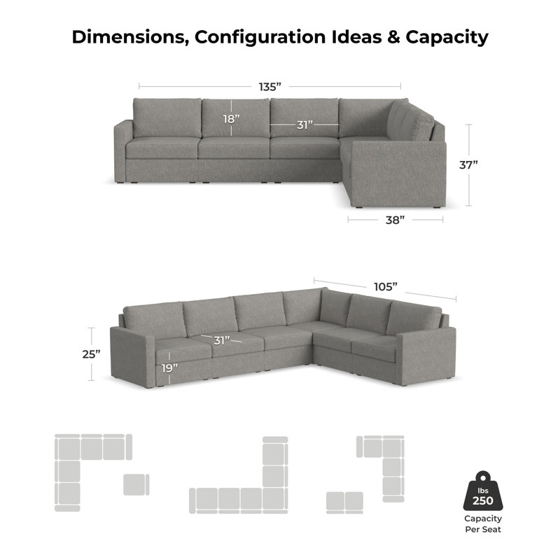 Canapé modulaire rembourré 6 pièces Flex, Mélange de polyester caillou gris foncé / nylon, H 37 po x l 135 po x P 38 po