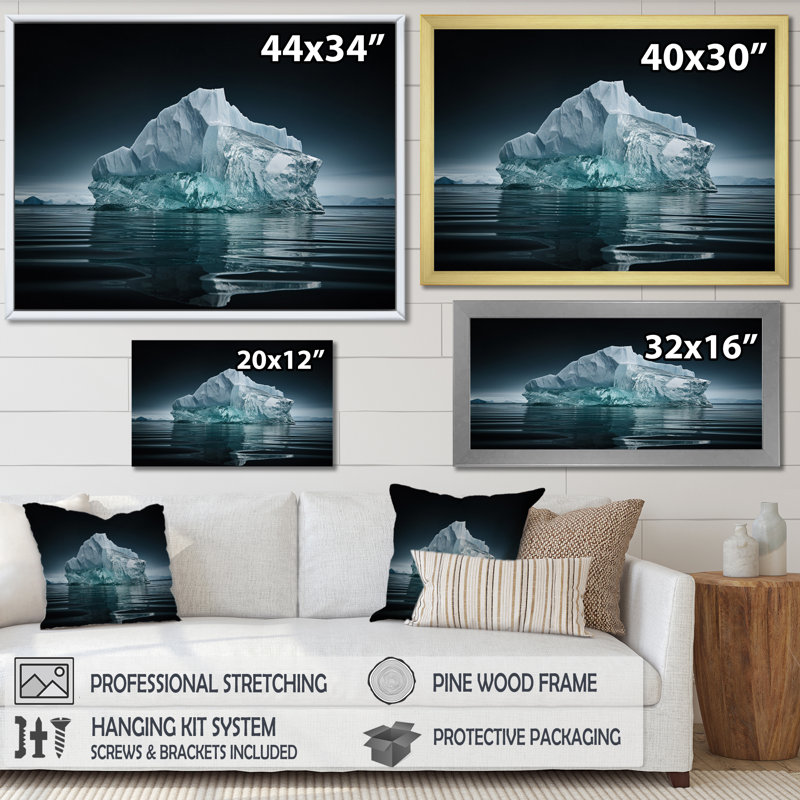 «Teal Iceberg Silent Resilience», reproduction sur toile, Cadre doré simple, H 24 po x l 32 po x P 1 po