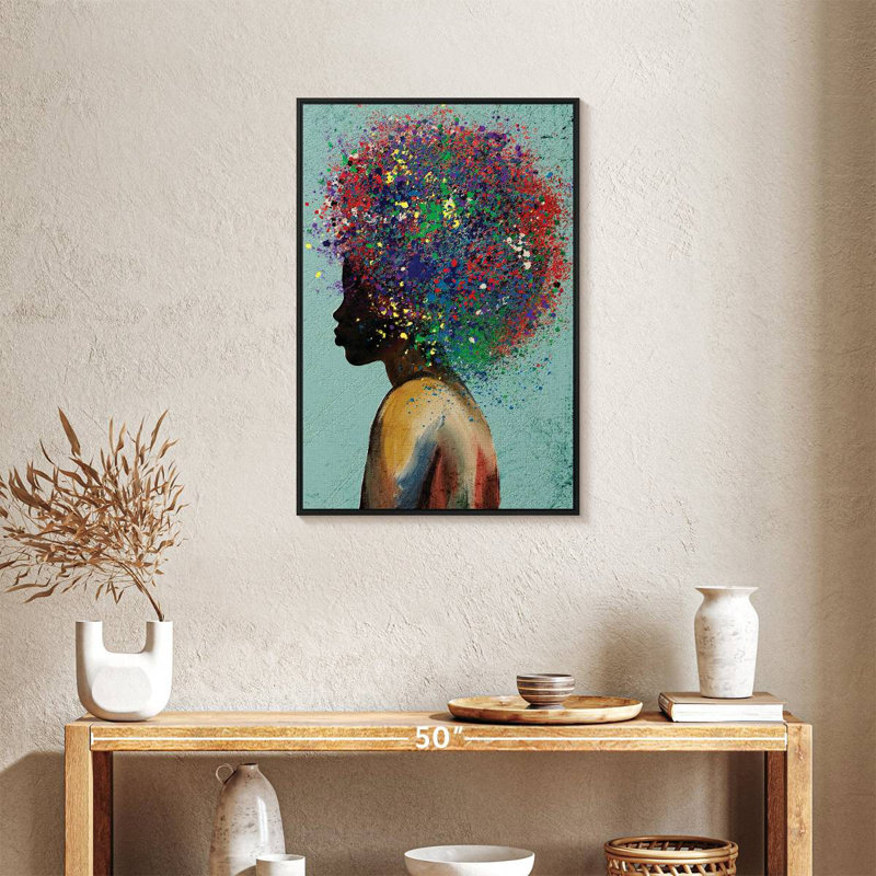 Femme colorée afro, Cadre flottant noir, 21 po x 31 po