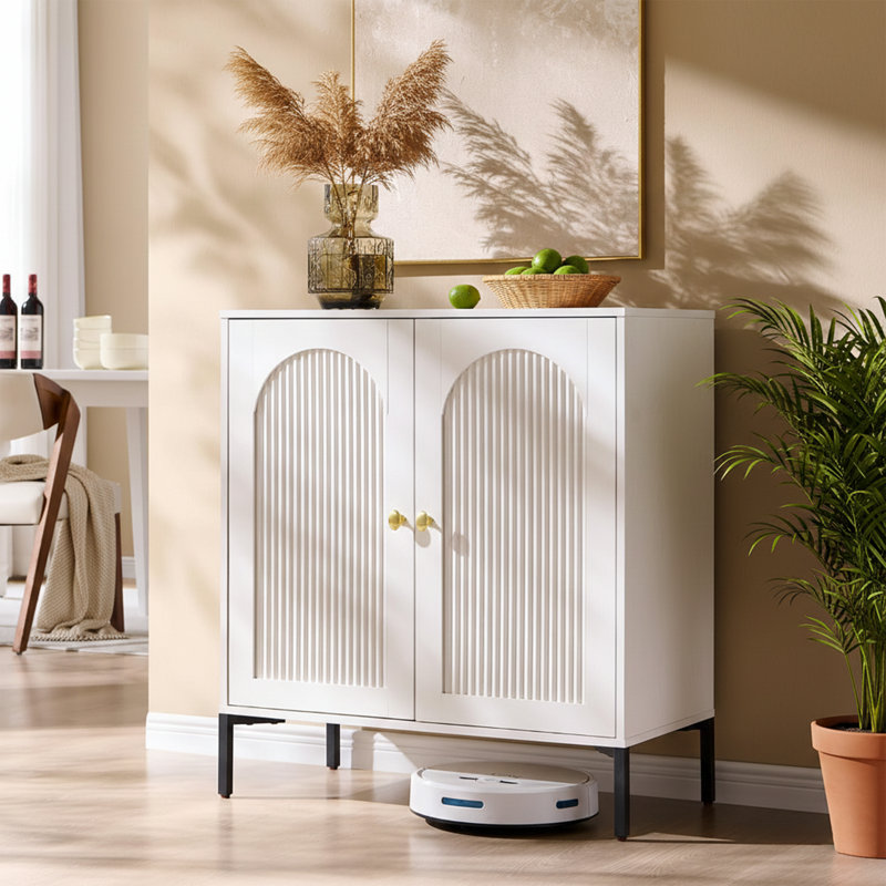 Buffet moderne cannelé avec rangement, H 34 po x l 30,88 po x P 15,75 po, Blanc, One piece