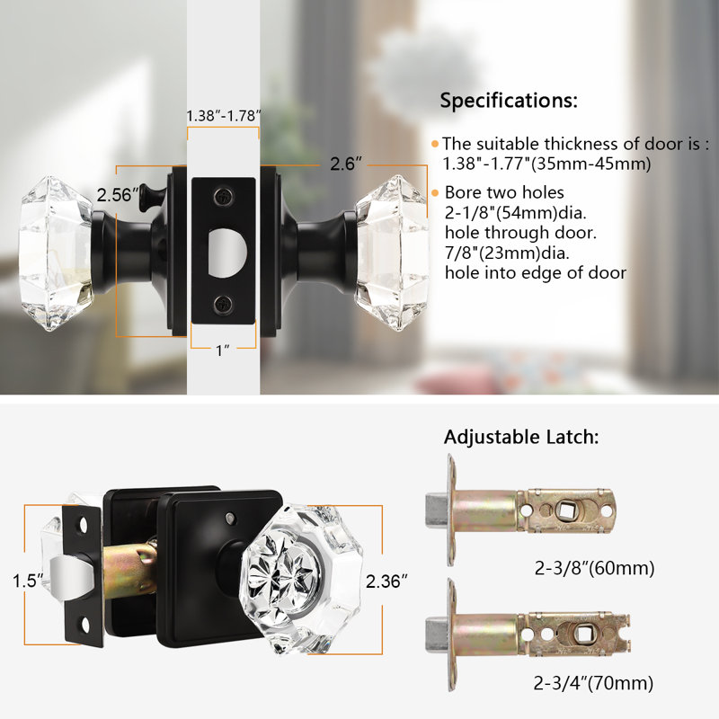 Crystal Glass Privacy Door Knobs for Bed and Bath Room, Black