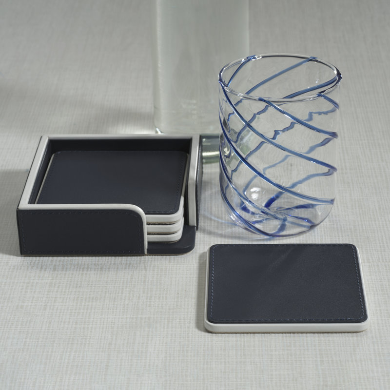 Ensemble de sous-verres en cuir 4 pièces Nappa, Bleu marine et blanc