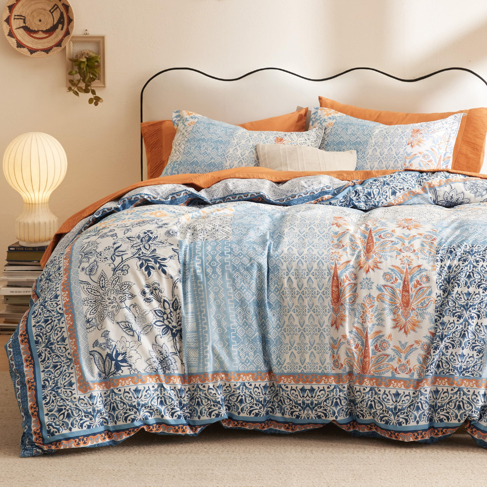 Cotton Duvet Cover Set, Queen Duvet Cover + 2 Standard Shams, Blue/Orange Damask