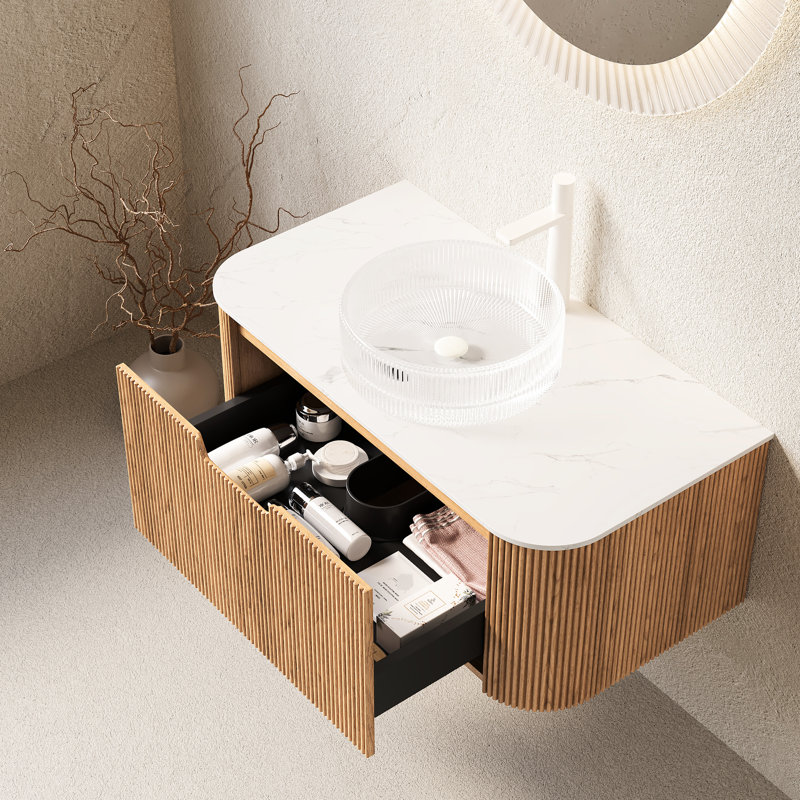 Meuble-lavabo de salle de bain 36 po avec lavabo en cristal transparent de couleur naturelle, lavabo rond à fermeture en douceur, tiroir, système, grand espace de rangement