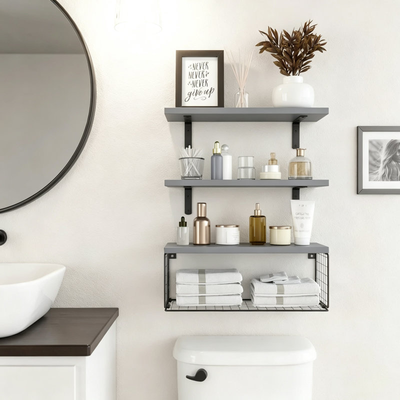 Tablettes murales flottantes 3 pièces avec panier de rangement en fil métallique Cantura, Gris