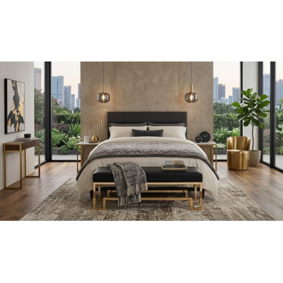 Pangea Home Declan Laurence Modern Upholstered 54" Bench with Gold or Silver Metal Steel legs – Elegant Accent Seating for Bedroom, Entryway, Kitchen, Office, Waiting Rooms, or Living Room - Black Bench with Silver Legs