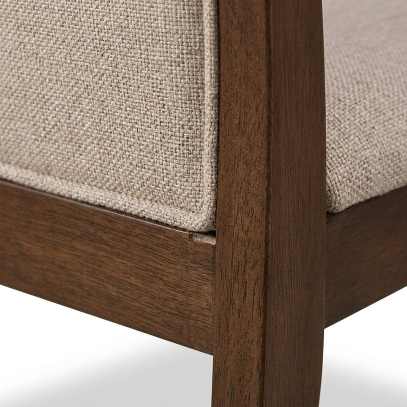 Mahogany Light Tan Wood Linen Fabric Round 3 Piece Dining Table Chairs Set Padded High Back Pedestal