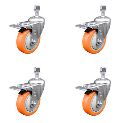 4 Inch 316SS Orange Polyurethane Wheel Swivel ½ Inch Stem Caster Set Lock Brake