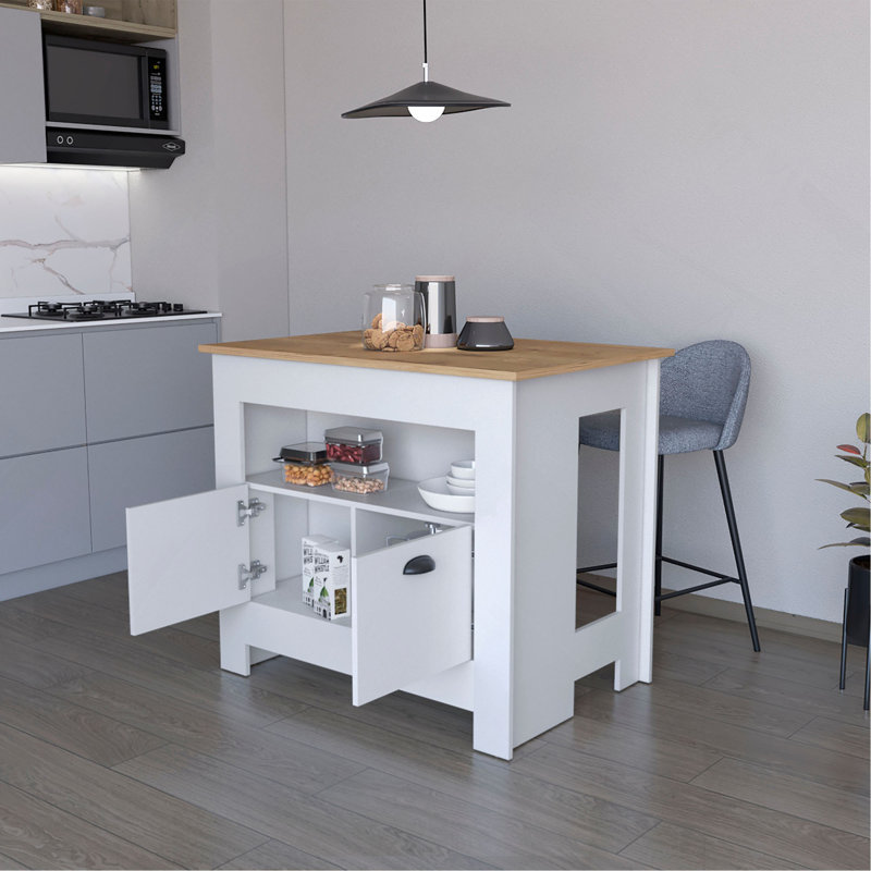 Kitchen Island, whit  2 doors, 3 shelves, White