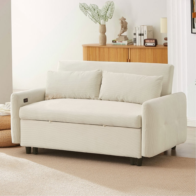 Convertible Pull-Out Sofa Bed with USB 2-Seat Loveseat Sleeper Couch Corduroy for Small Spaces, Light Grey Corduroy