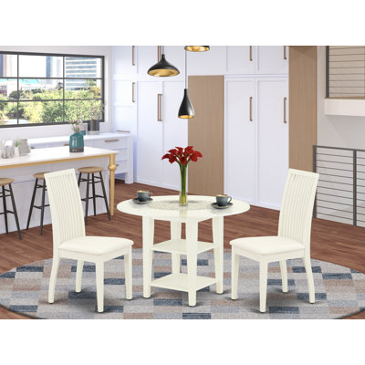 3 Piece Modern Dining Table Set Contains a Round Wooden Table with Dropleaf & Shelves and 2 Linen Fabric Kitchen Dining Chairs, Linen White
