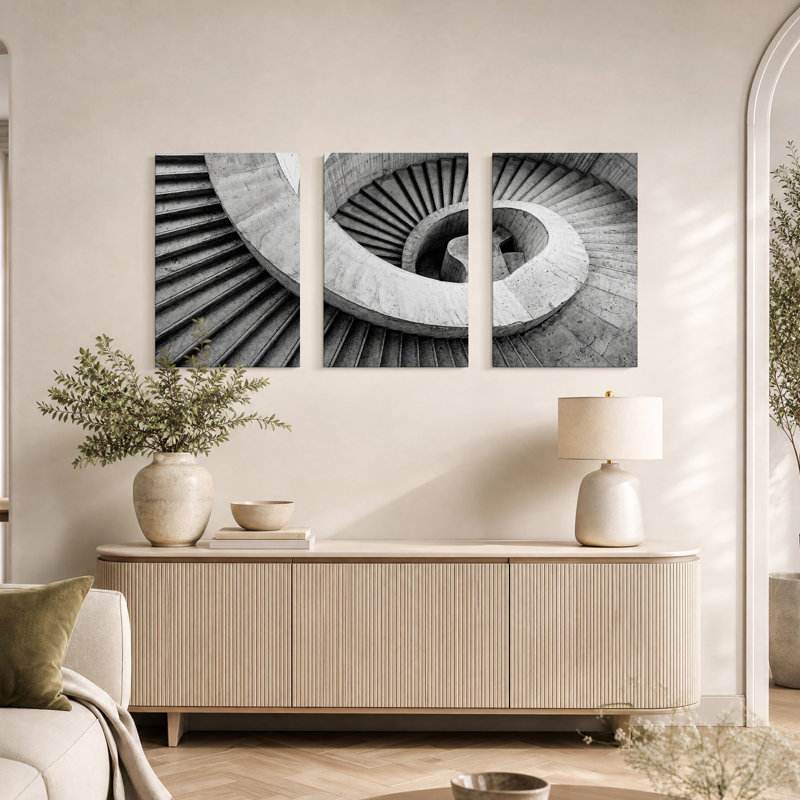 Ensemble de 3 toiles murales représentant un escalier en colimaçon en béton noir et blanc, 24"H x 16"W x 3pcs