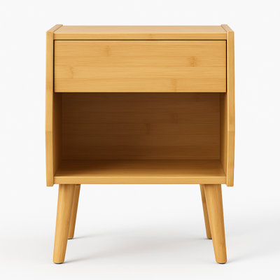 Nightstand With Drawer And Open Compartment, Solid Wood Legs