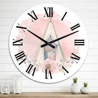 Kids Boho Wigwam en rose - Horloge murale pour enfants