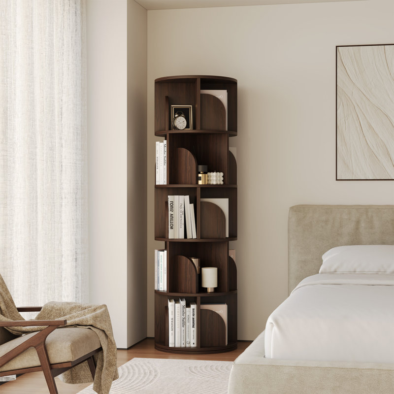 Rotating Bookshelf, 5 Tier Small Bookcase Corner Display Shelf For Small Space Wood Narrow Book Shelf Organizer For Living Room, Walnut