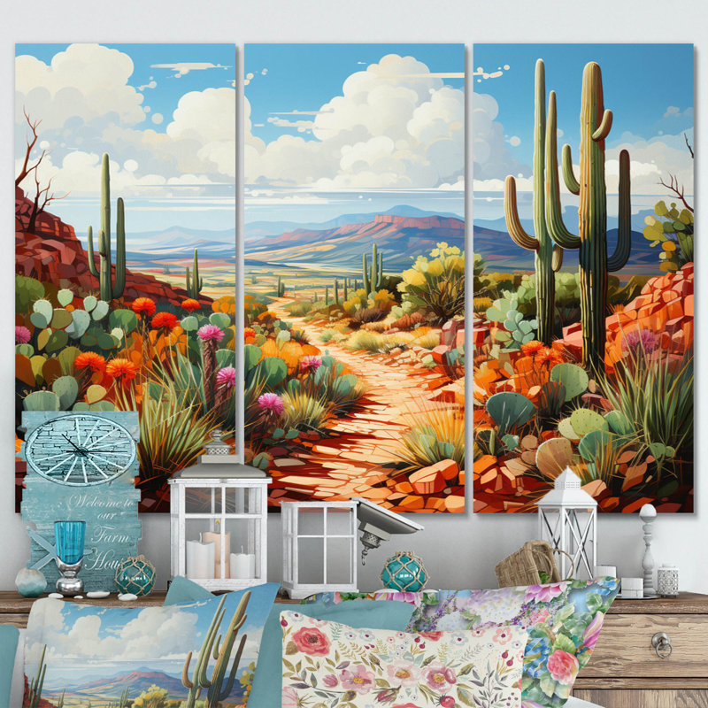 Corail vert, cactus du désert, orgue sur toile, 3 pièces, H 40 po x l 60 po x P 1 po