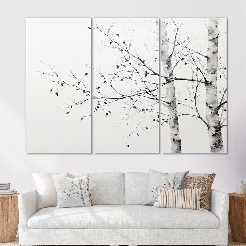 «Grey Minimalisme Tree Birch II - Tree Birch», ensemble de reproduction d'art mural, Toile tendue, H 28 po x l 36 po x P 1 po