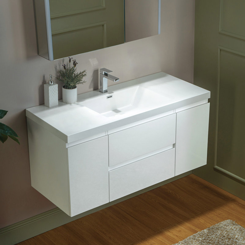 Meuble-lavabo flottant mural 36 po avec comptoir en résine composite, Blanc, Blanc, 36"