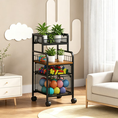 Chariot de bricolage mobile avec tiroirs et roues verrouillables - Chariot utilitaire en métal à 4 niveaux avec tablette en bois pour le bureau à domicile, le studio et l'organisation de fournitures d'art