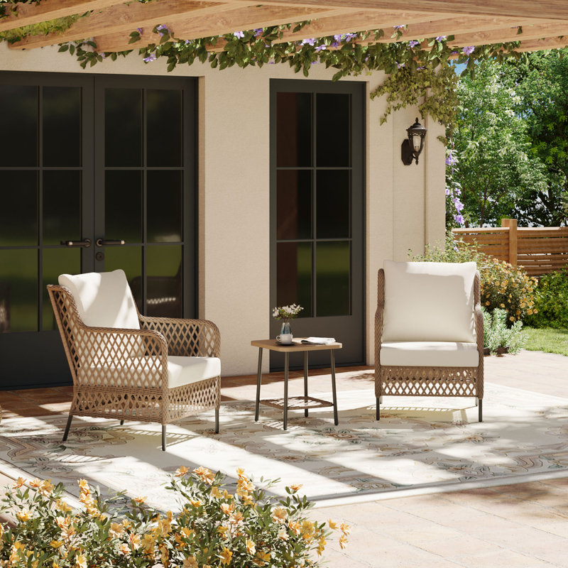 2-Person Outdoor Patio High Back Conversation Set with Wood-Grain Coffee Table & Cushions