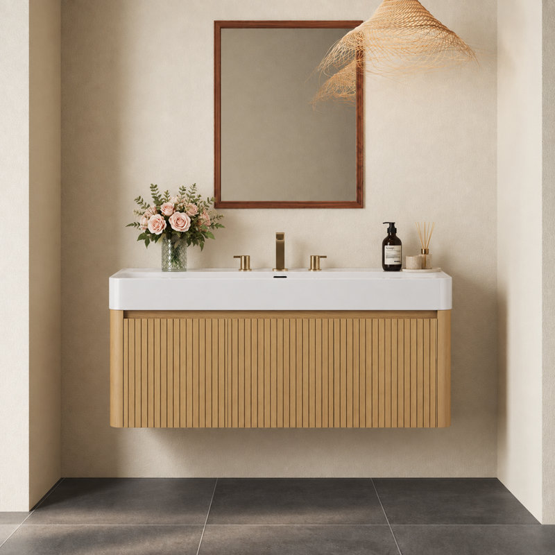 Meuble-lavabo mural avec lavabo en céramique intégré, armoire de rangement suspendue avec 3 trous prépercés pour robinetterie, chêne